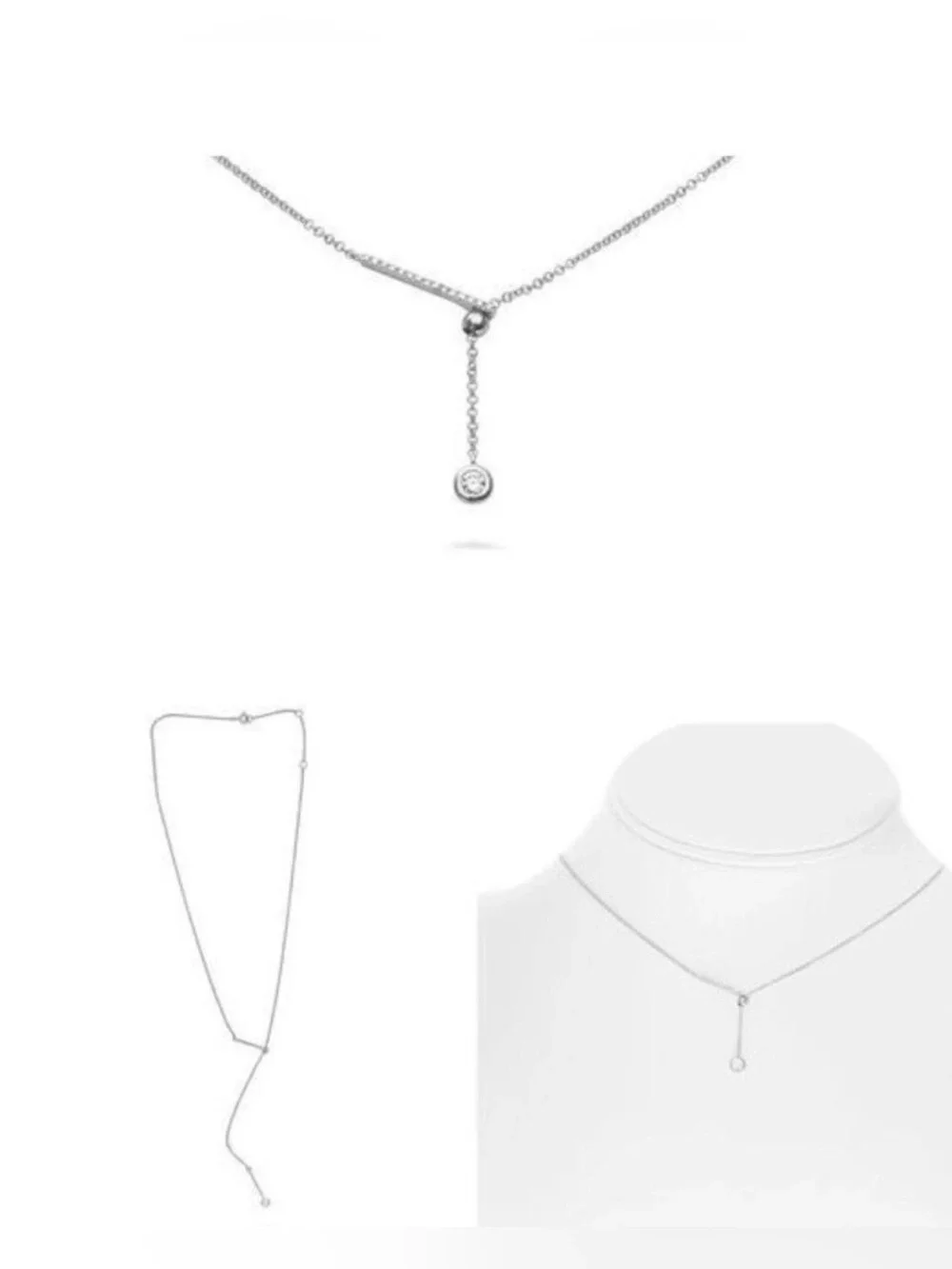 Adjustable 14K White Gold 0.12ctw Natural Diamond Bar Lariat Y Necklace 18”